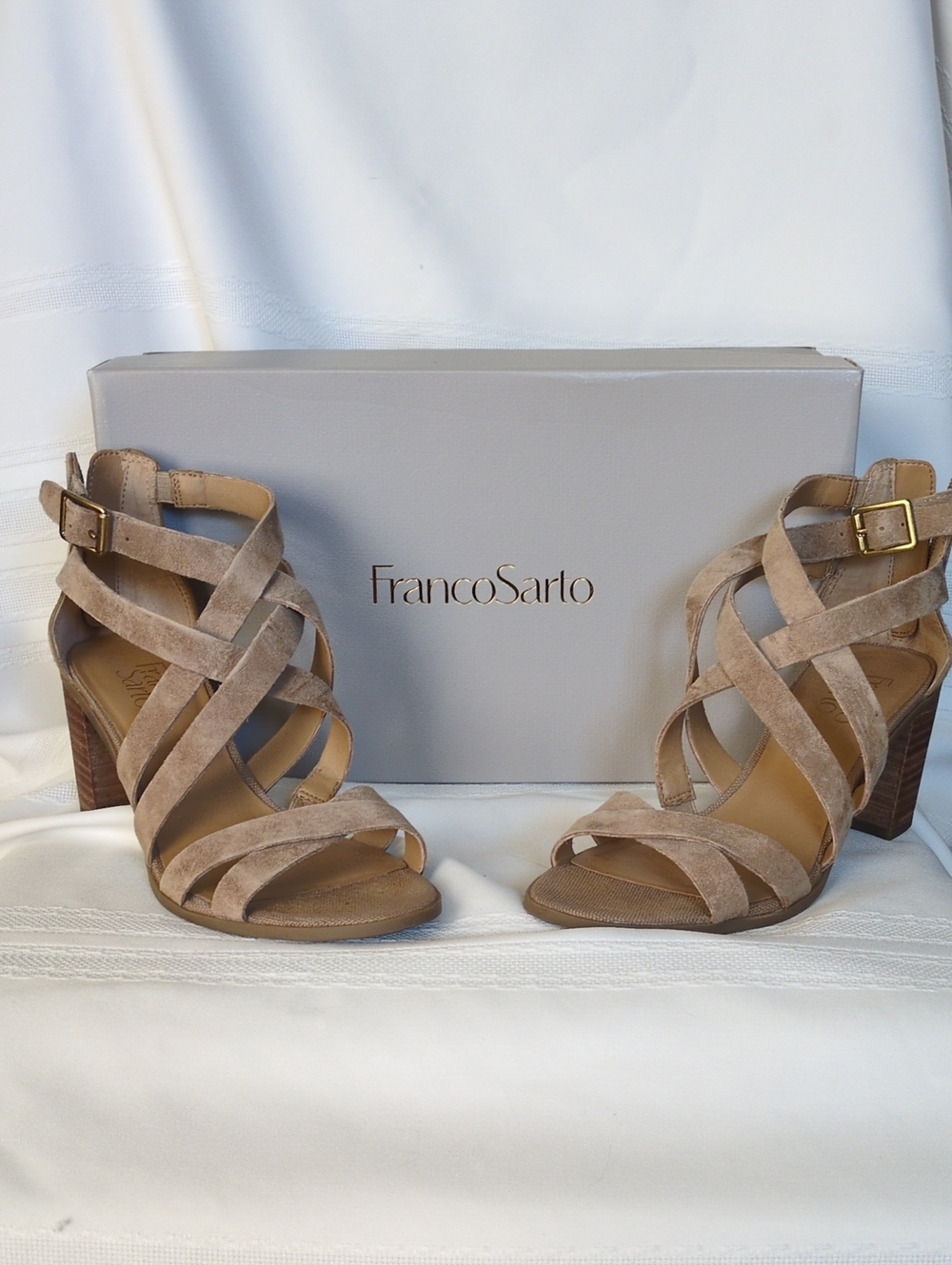 Franco Sarto Taupe Suede Crisscross Block Heel Sandals